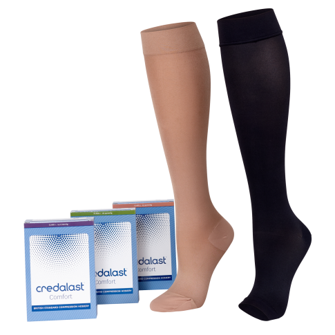 A display of available Credalast Comfort below knee compression stockings